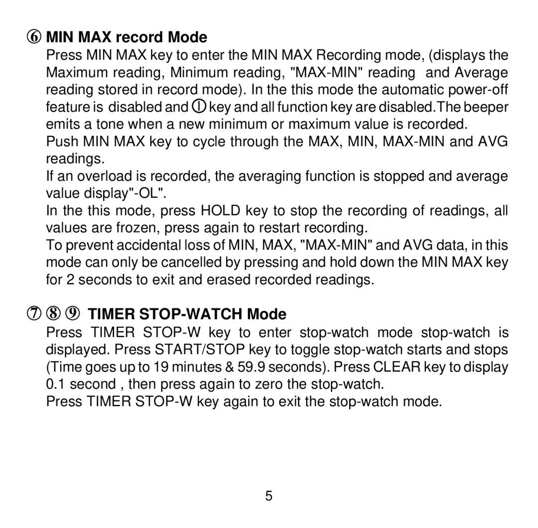 Omega Vehicle Security HH501AJ manual MIN MAX record Mode, Timer STOP-WATCH Mode 