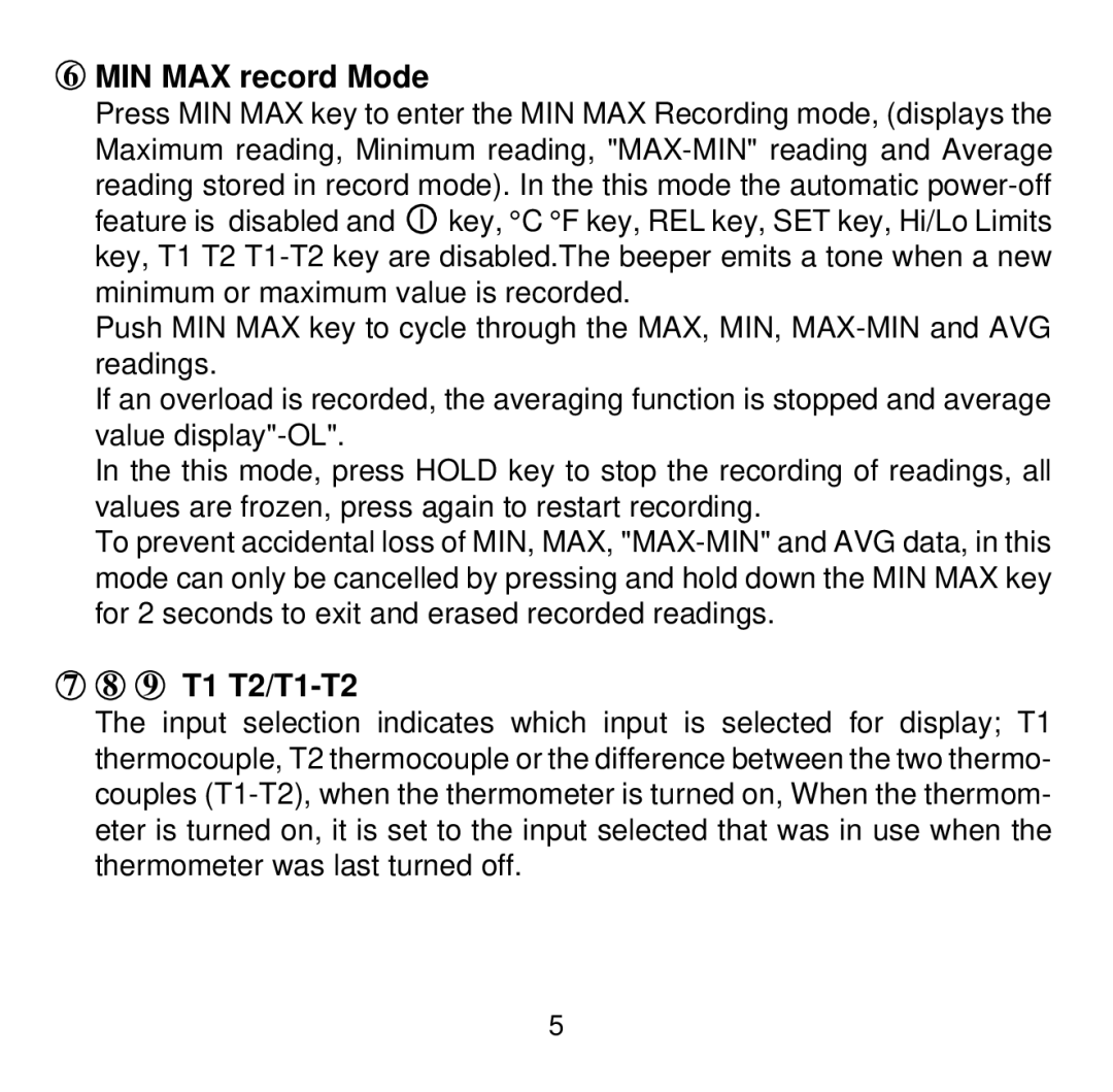 Omega Vehicle Security HH501BJ manual MIN MAX record Mode, 9 T1 T2/T1-T2 