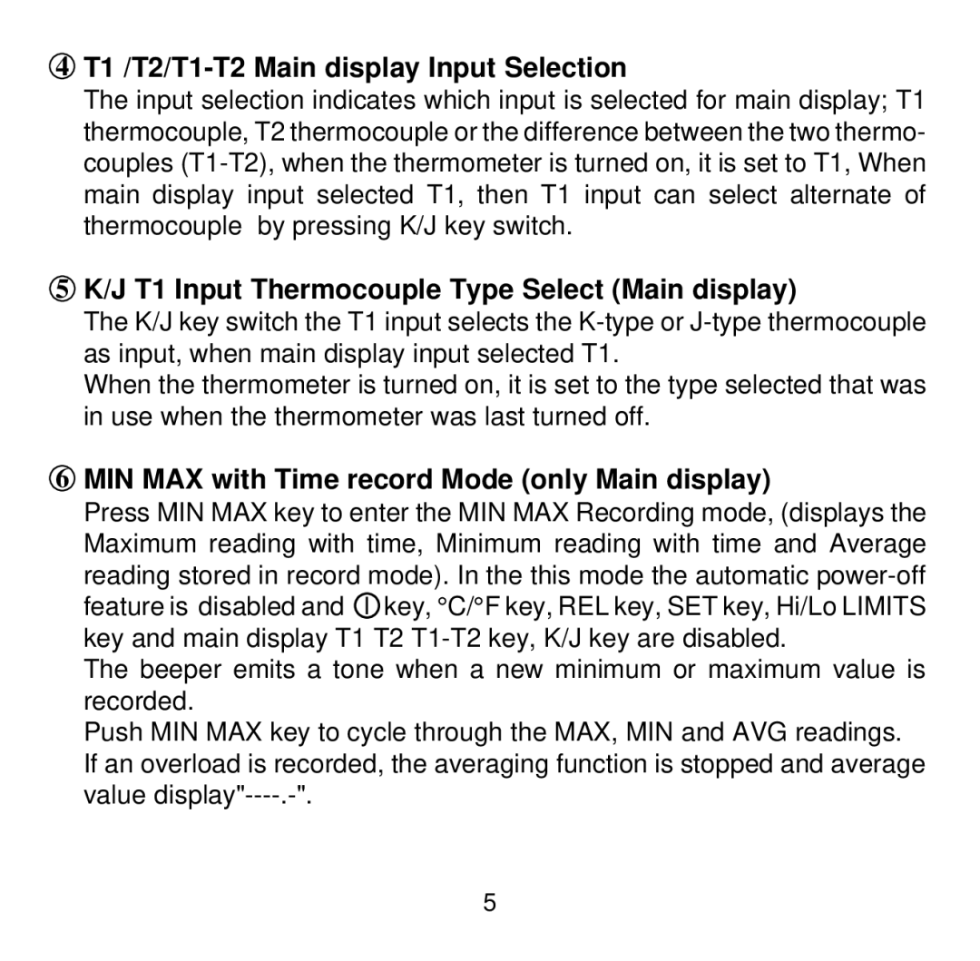 Omega Vehicle Security HH502 T1 /T2/T1-T2 Main display Input Selection, J T1 Input Thermocouple Type Select Main display 