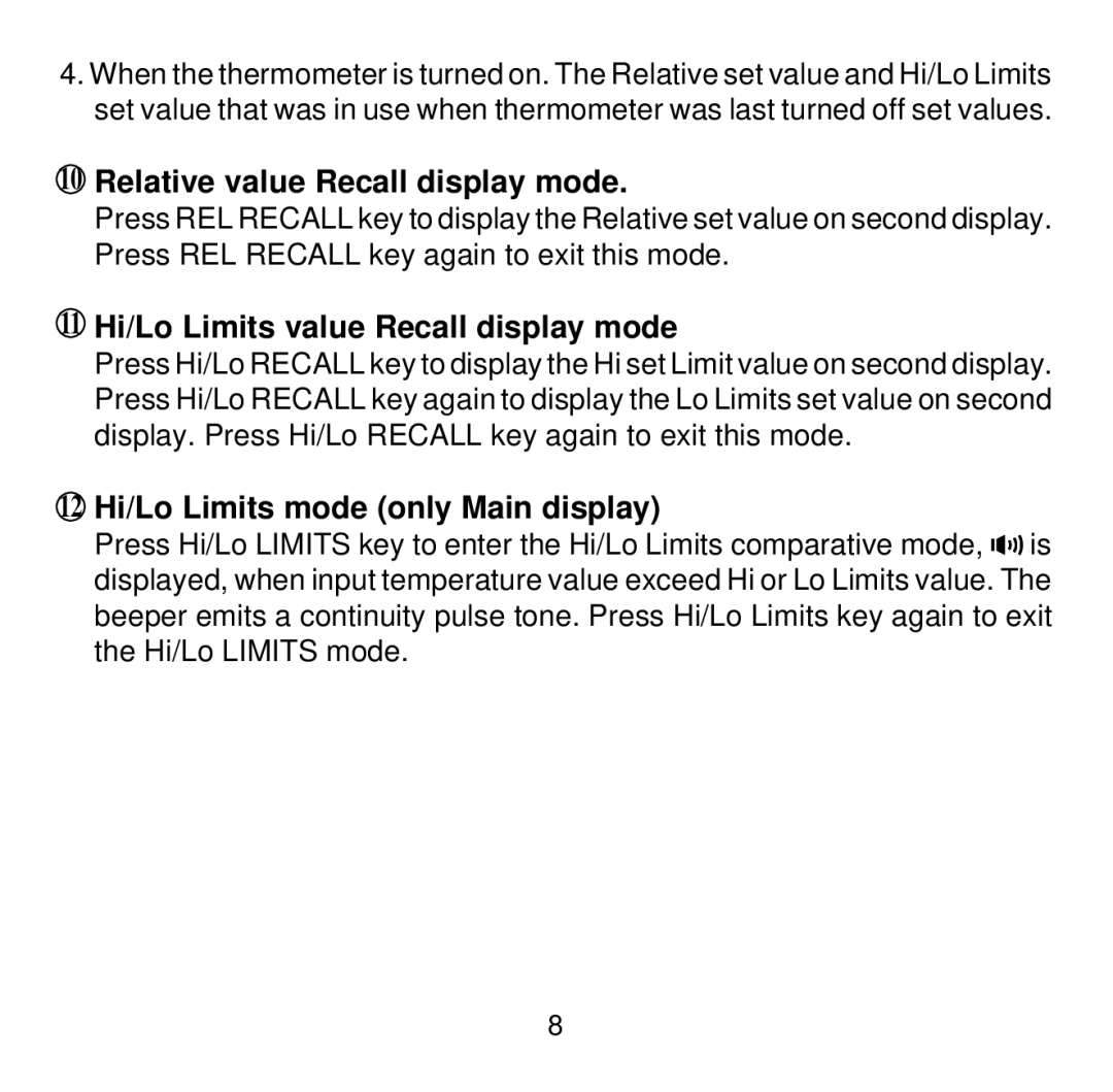 Omega Vehicle Security HH503 manual Relative value Recall display mode, 11 Hi/Lo Limits value Recall display mode 