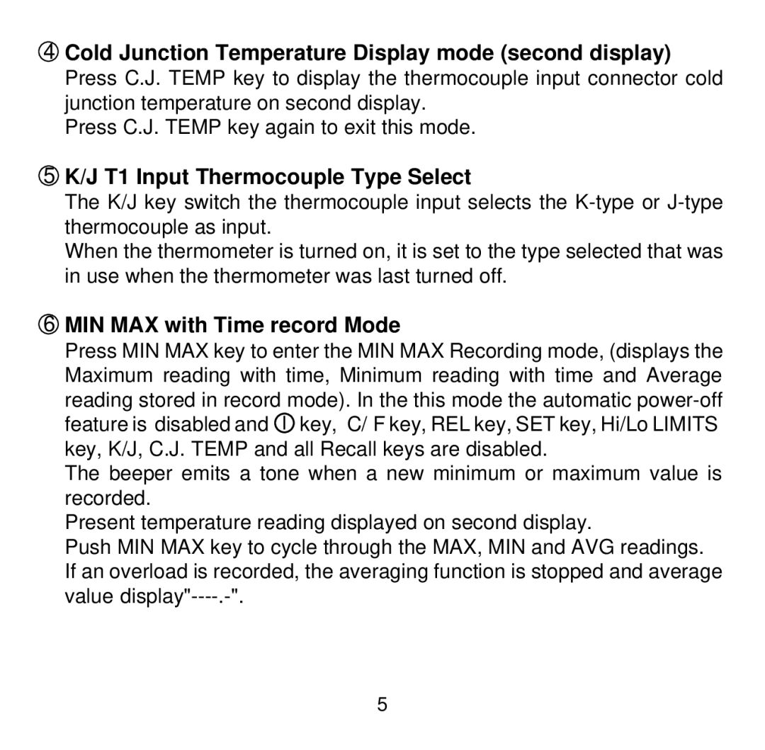 Omega Vehicle Security HH503 manual J T1 Input Thermocouple Type Select, MIN MAX with Time record Mode 