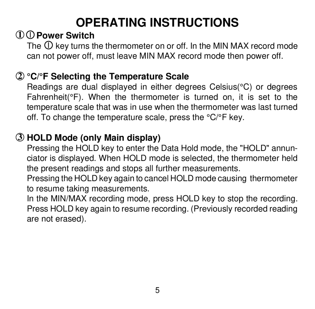 Omega Vehicle Security HH506 manual Operating Instructions, Power Switch, F Selecting the Temperature Scale 