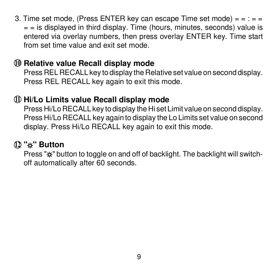 Omega Vehicle Security HH507 manual Relative value Recall display mode, 11 Hi/Lo Limits value Recall display mode, Button 