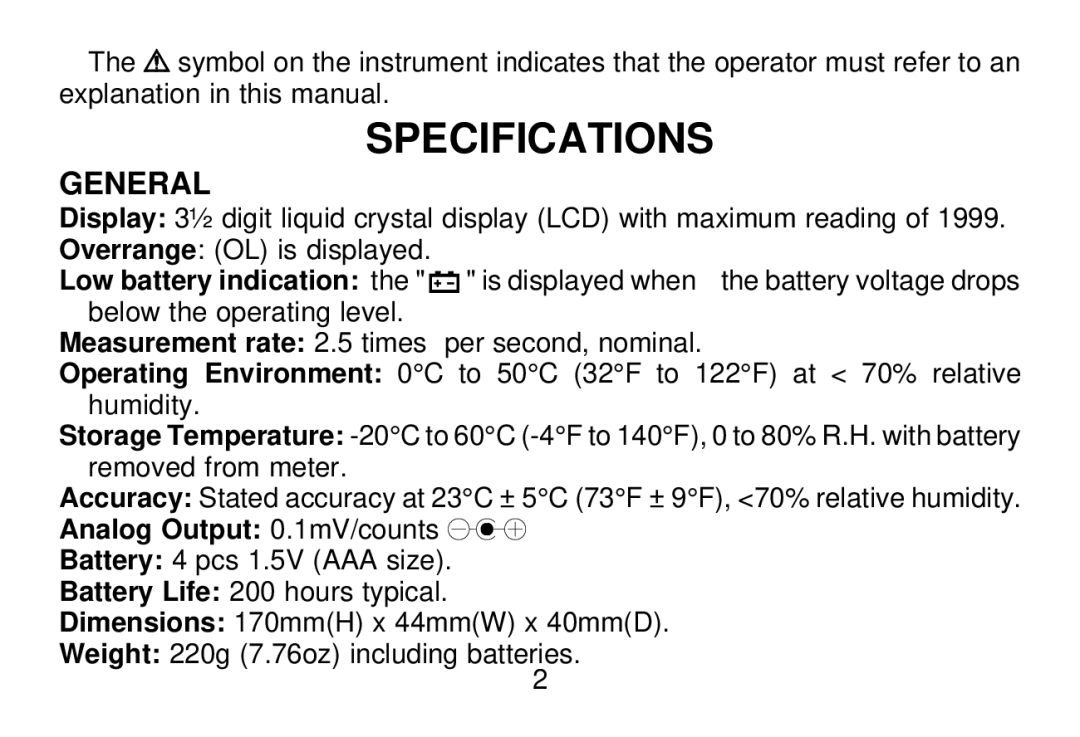 Omega Vehicle Security HHLM-2 manual Specifications, Analog Output 0.1mV/counts 