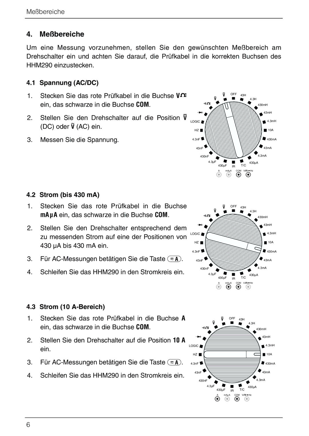 Omega Vehicle Security HHM290 manual Meßbereiche, Spannung AC/DC, Strom bis 430 mA, Strom 10 A-Bereich 