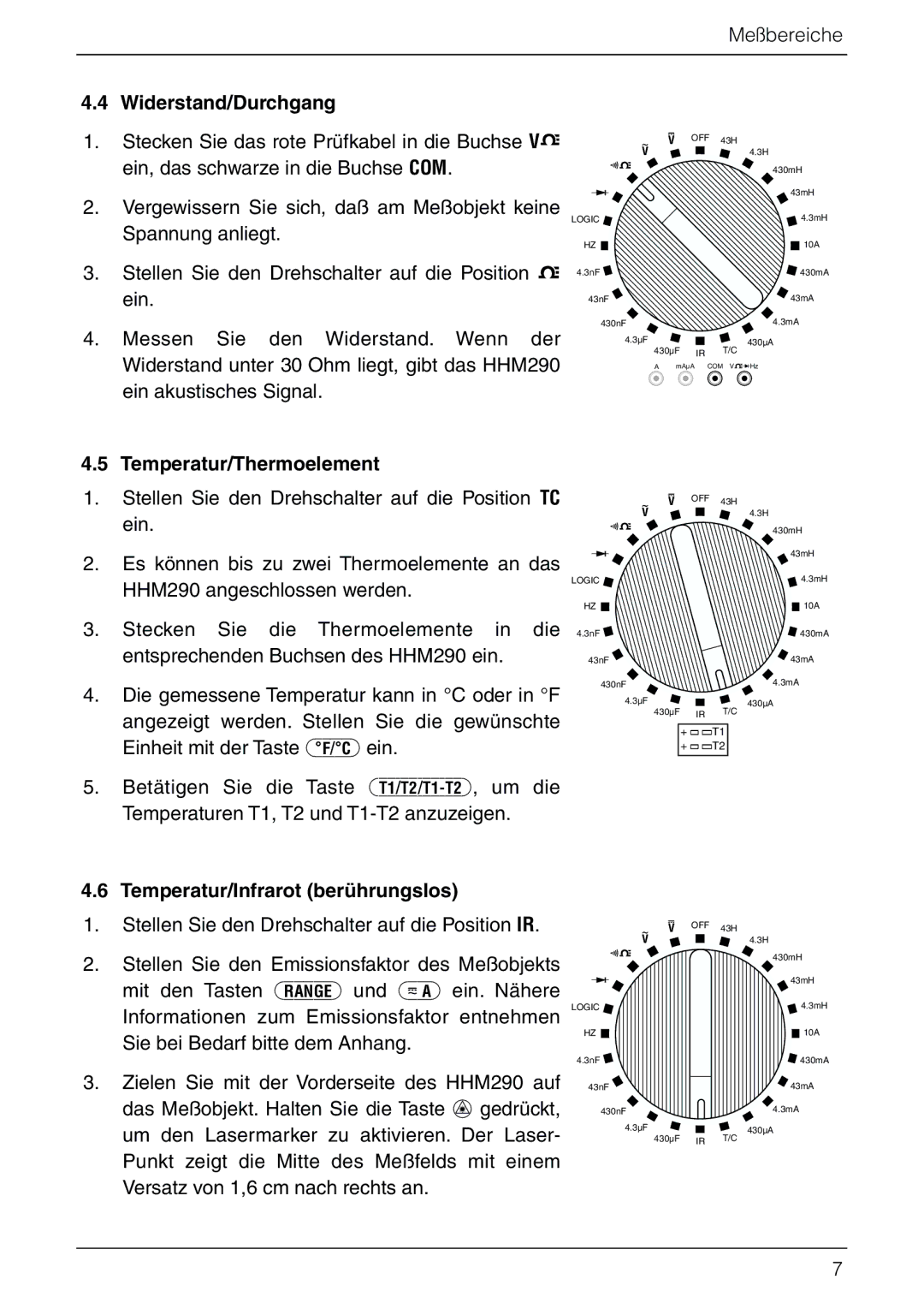 Omega Vehicle Security HHM290 manual Widerstand/Durchgang, Temperatur/Thermoelement, Temperatur/Infrarot berührungslos 