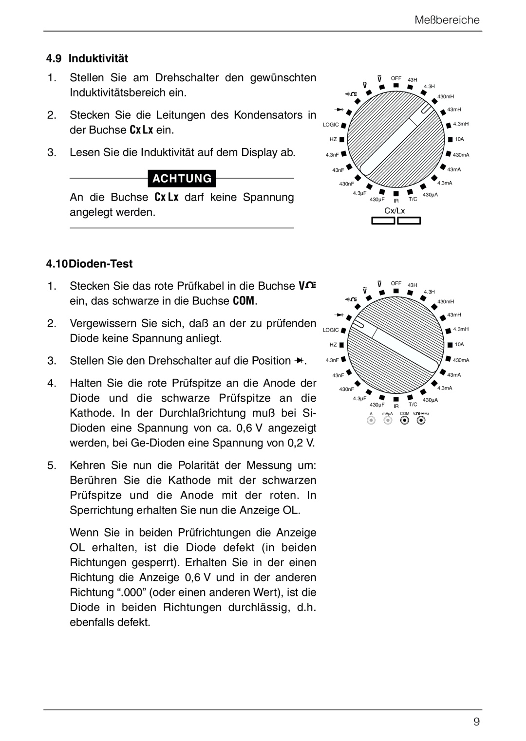 Omega Vehicle Security HHM290 manual Induktivität, 10Dioden-Test 