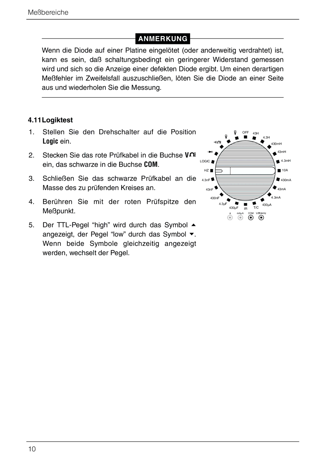 Omega Vehicle Security HHM290 manual Anmerkung, 11Logiktest 