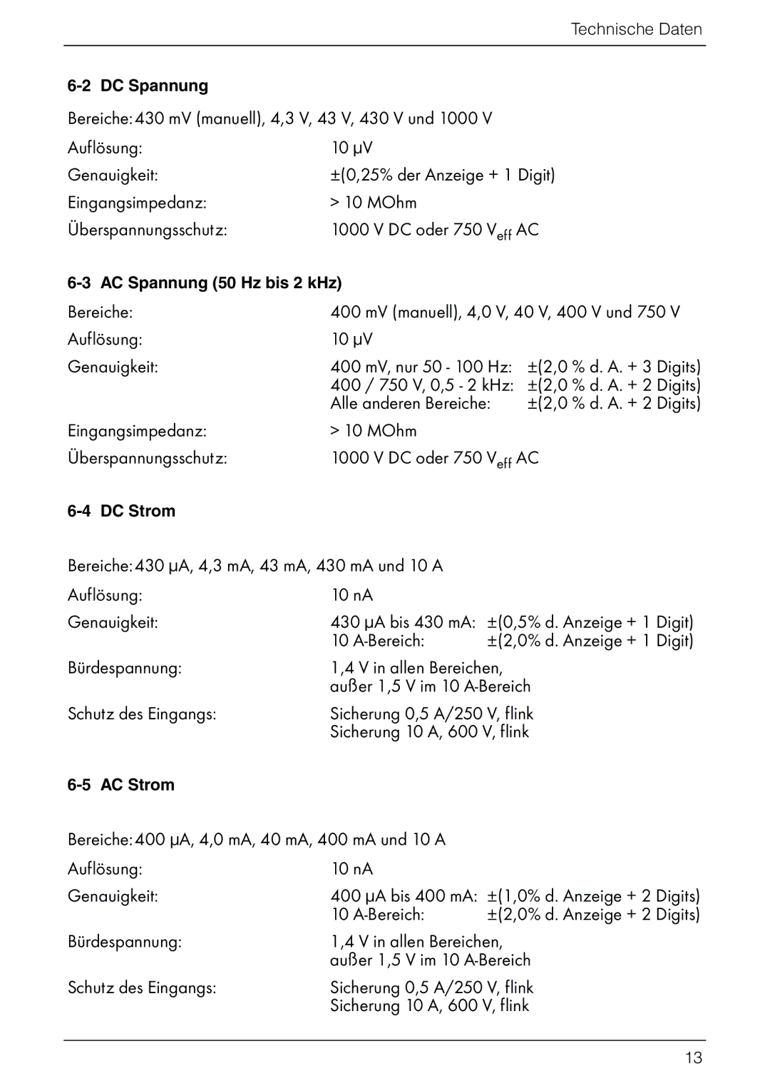 Omega Vehicle Security HHM290 manual Auflösung 10 µV Genauigkeit, 400 / 750 V, 0,5 2 kHz, Alle anderen Bereiche 