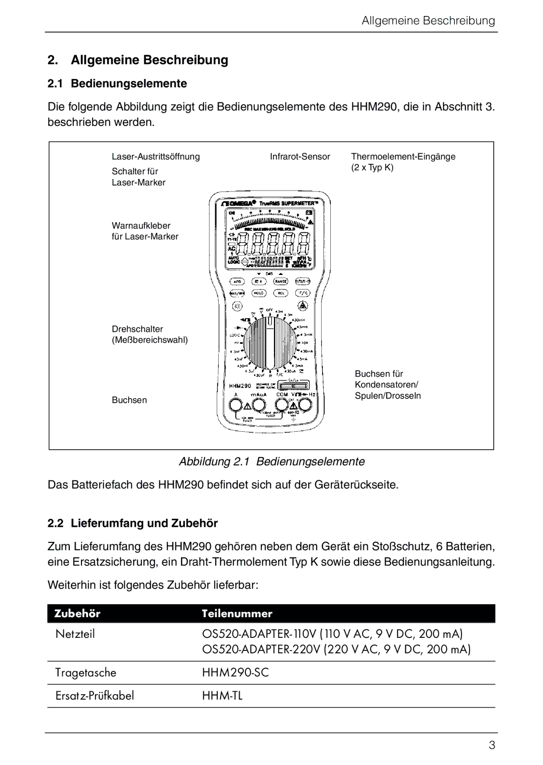 Omega Vehicle Security HHM290 manual Allgemeine Beschreibung, Netzteil, Tragetasche, Ersatz-Prüfkabel 