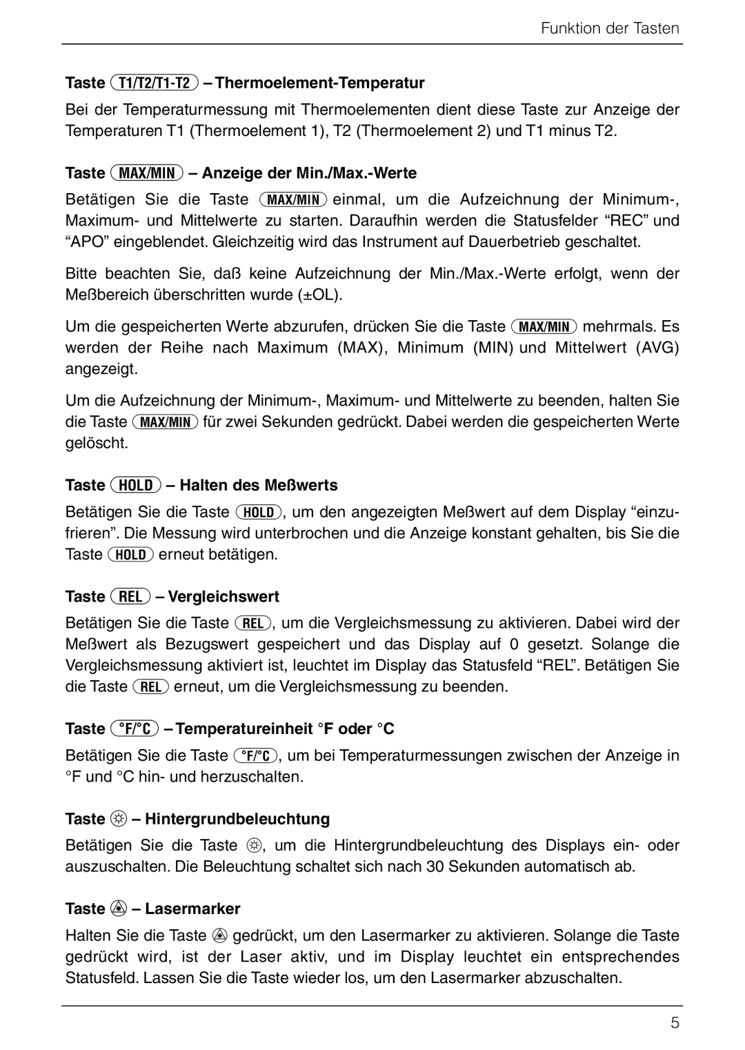 Omega Vehicle Security HHM290 manual Taste T1/T2/T1-T2- Thermoelement-Temperatur, Taste MAX/MIN Anzeige der Min./Max.-Werte 