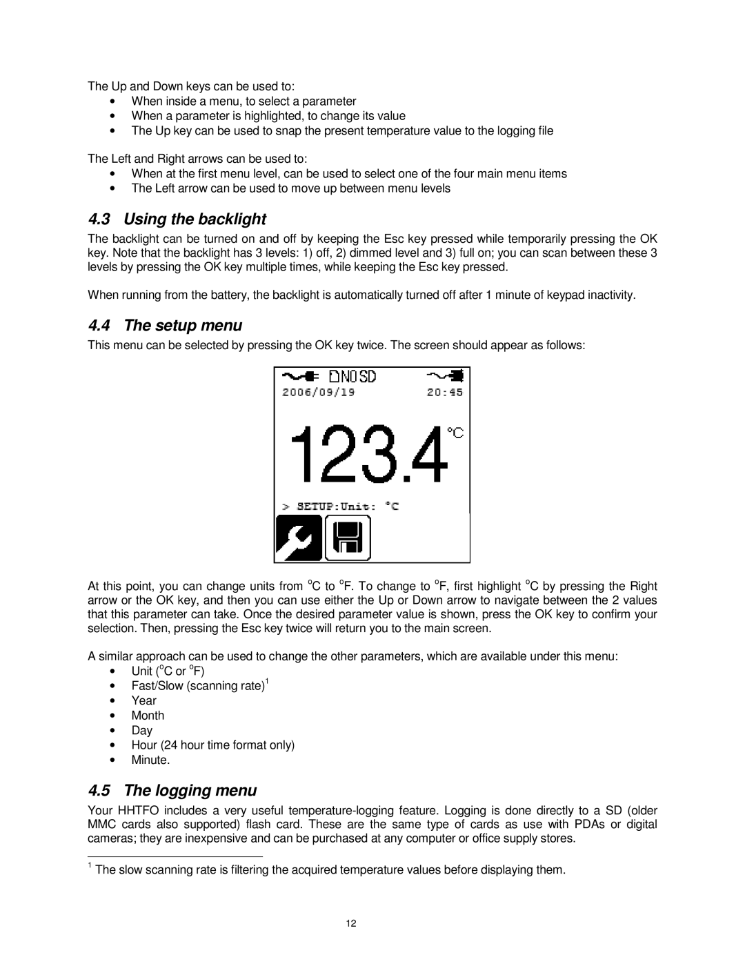 Omega Vehicle Security HHTFO manual Using the backlight, Setup menu, Logging menu 