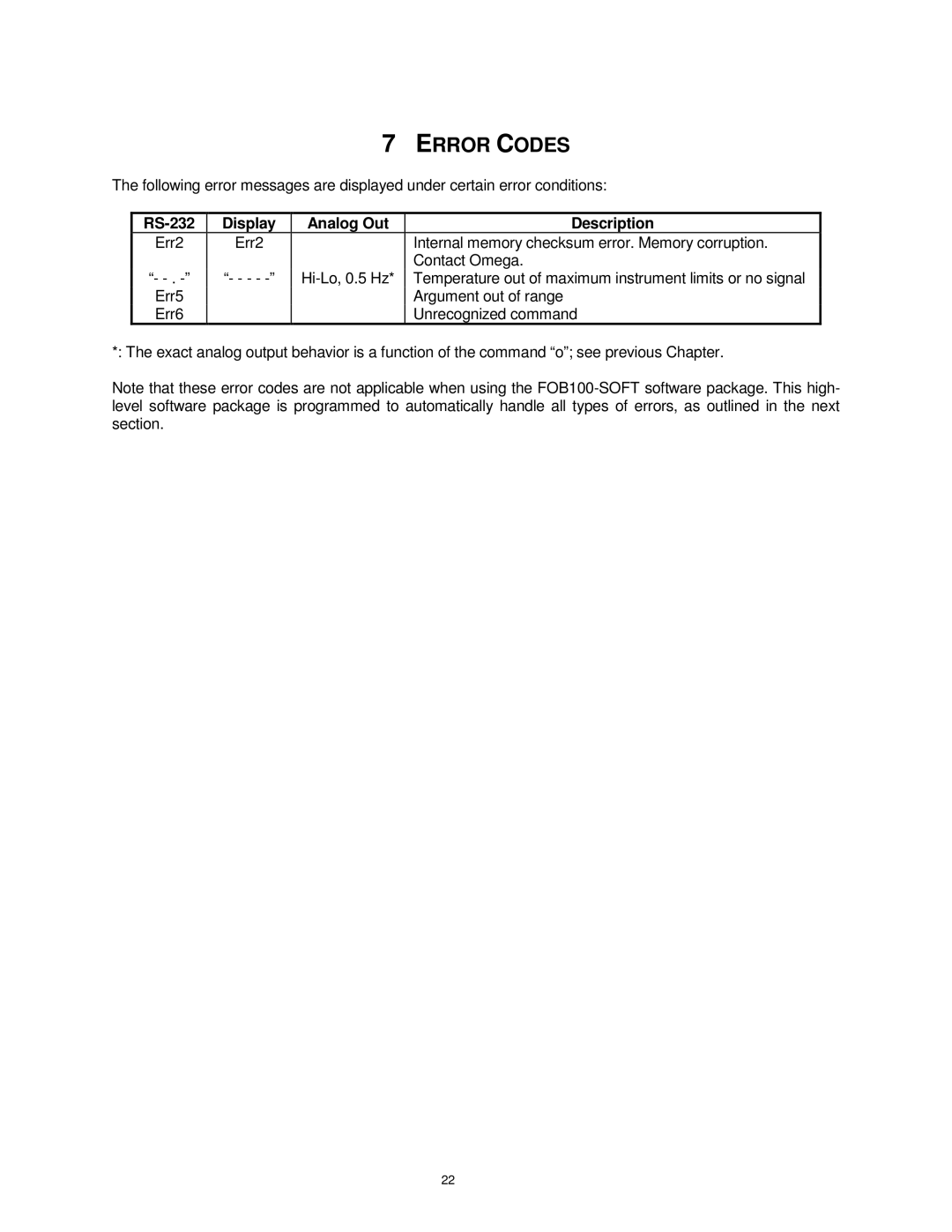 Omega Vehicle Security HHTFO manual Error Codes, Analog Out Description 