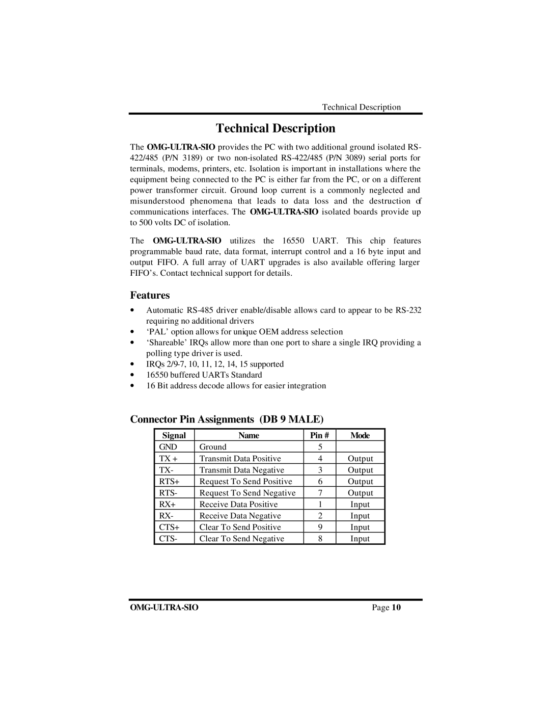 Omega Vehicle Security ISA RS-422 manual Technical Description, Features, Connector Pin Assignments DB 9 Male 