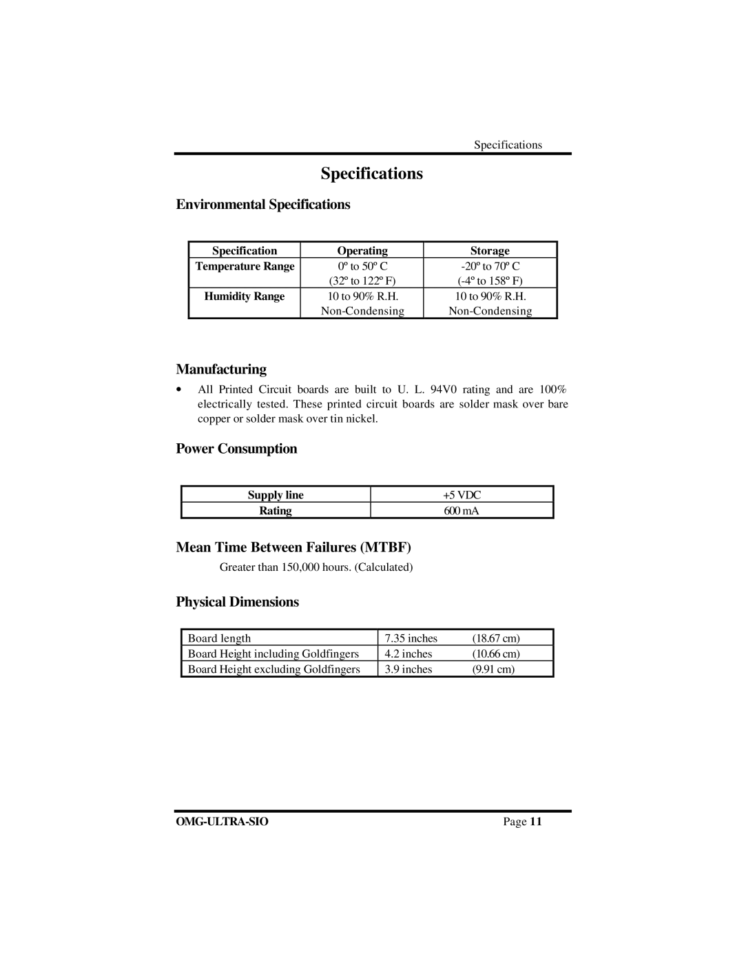 Omega Vehicle Security ISA RS-422 manual Specifications 