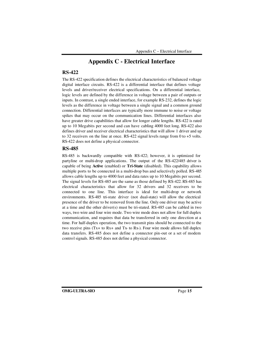 Omega Vehicle Security ISA RS-422 manual Appendix C Electrical Interface, RS-485 