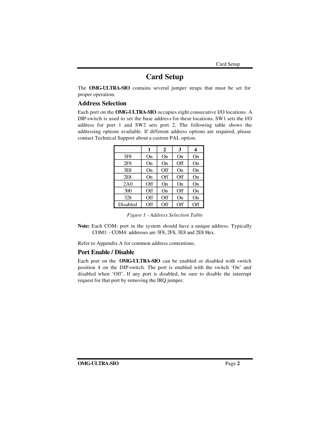 Omega Vehicle Security ISA RS-422 manual Card Setup, Address Selection, Port Enable / Disable 