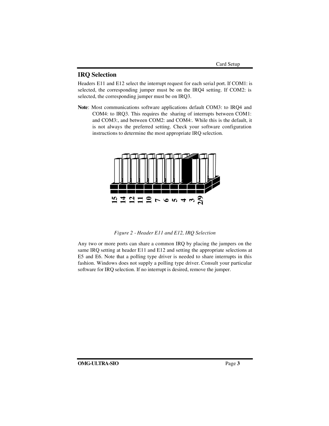 Omega Vehicle Security ISA RS-422 manual 12 11, IRQ Selection 