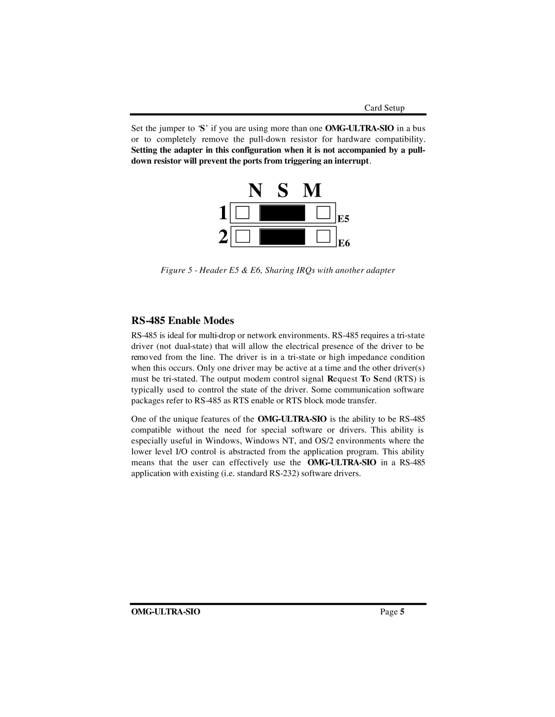 Omega Vehicle Security ISA RS-422 manual RS-485 Enable Modes, Header E5 & E6, Sharing IRQs with another adapter 