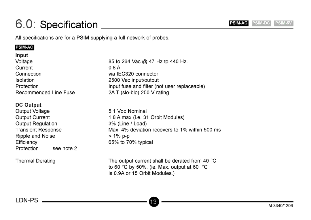 Omega Vehicle Security LDN-PS manual Specification, Input, DC Output 