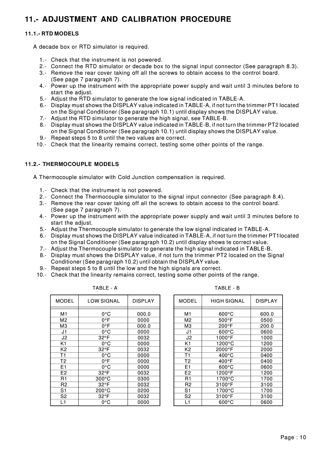 Omega Vehicle Security LDP1XX-21 manual Adjustment and Calibration Procedure, RTD Models, Thermocouple Models 