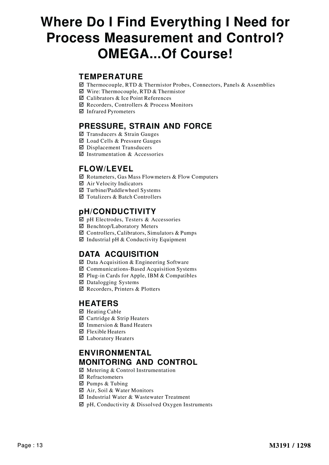 Omega Vehicle Security LDP1XX-21 manual Temperature, PRESSURE, Strain and Force, Flow/Level, Data Acquisition, Heaters 