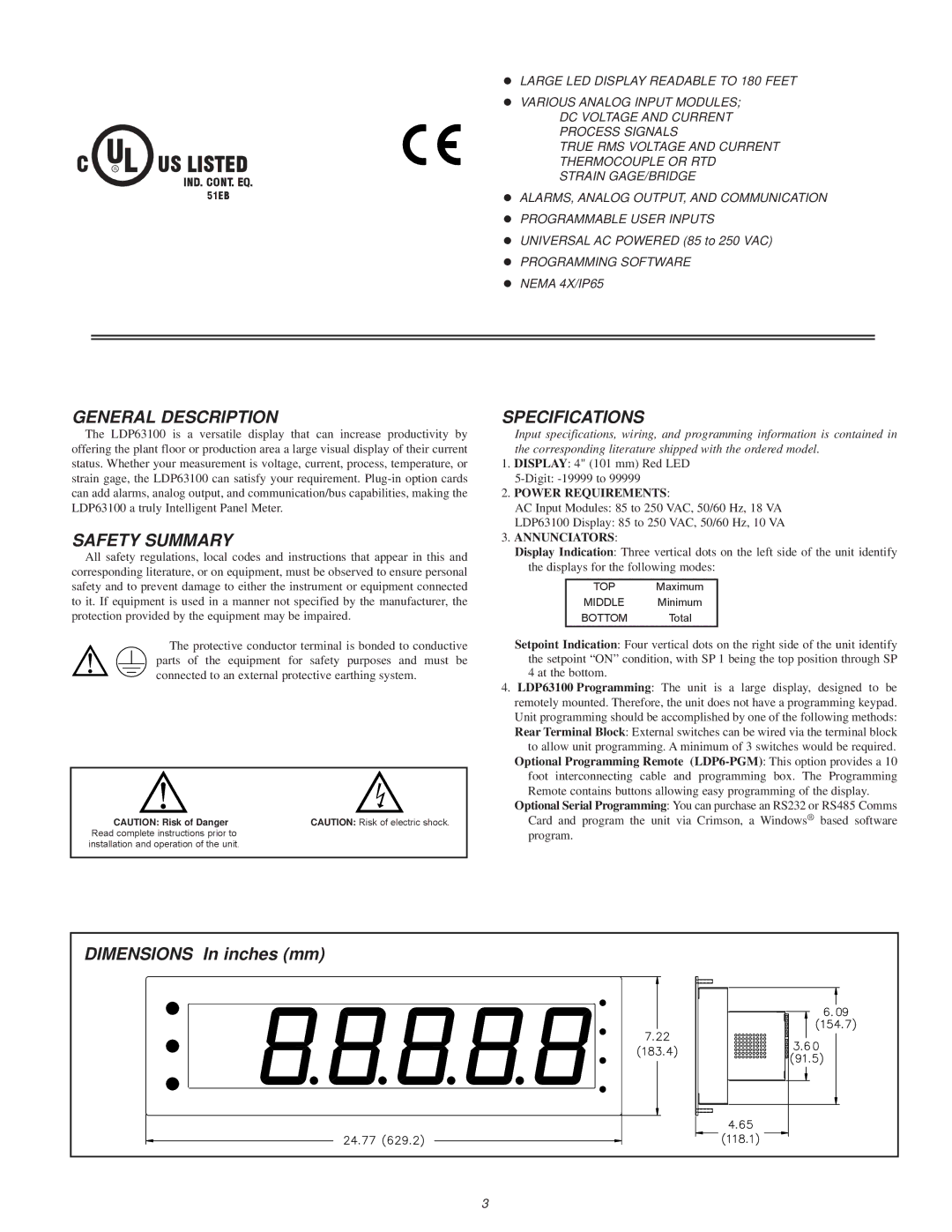 Omega Vehicle Security LDP63100 manual General Description, Safety Summary, Specifications, Dimensions In inches mm 