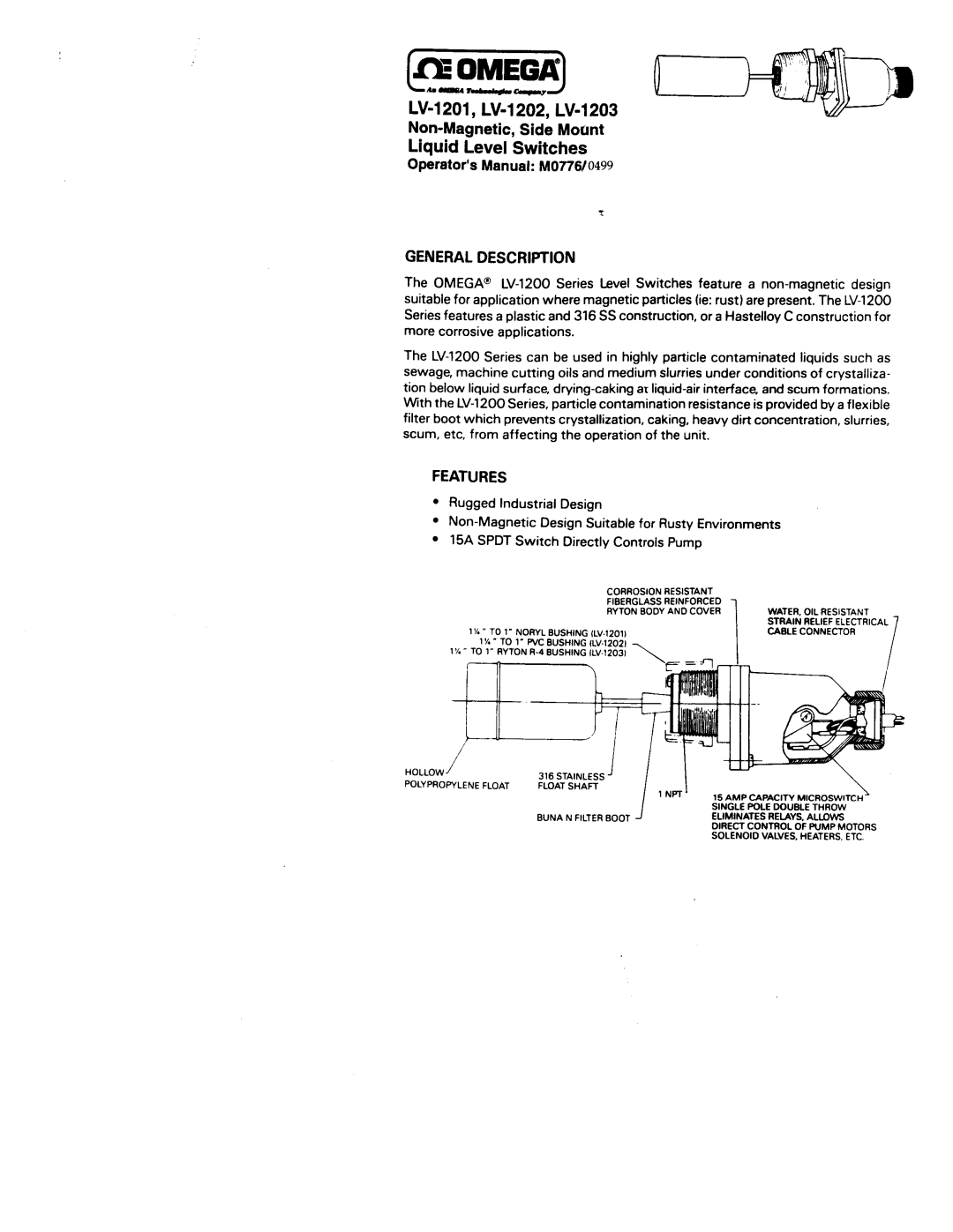 Omega Vehicle Security LV-1201, LV-1203 manual General Description, Features, Corrosion Resistant, Hollow, Float Shaft 