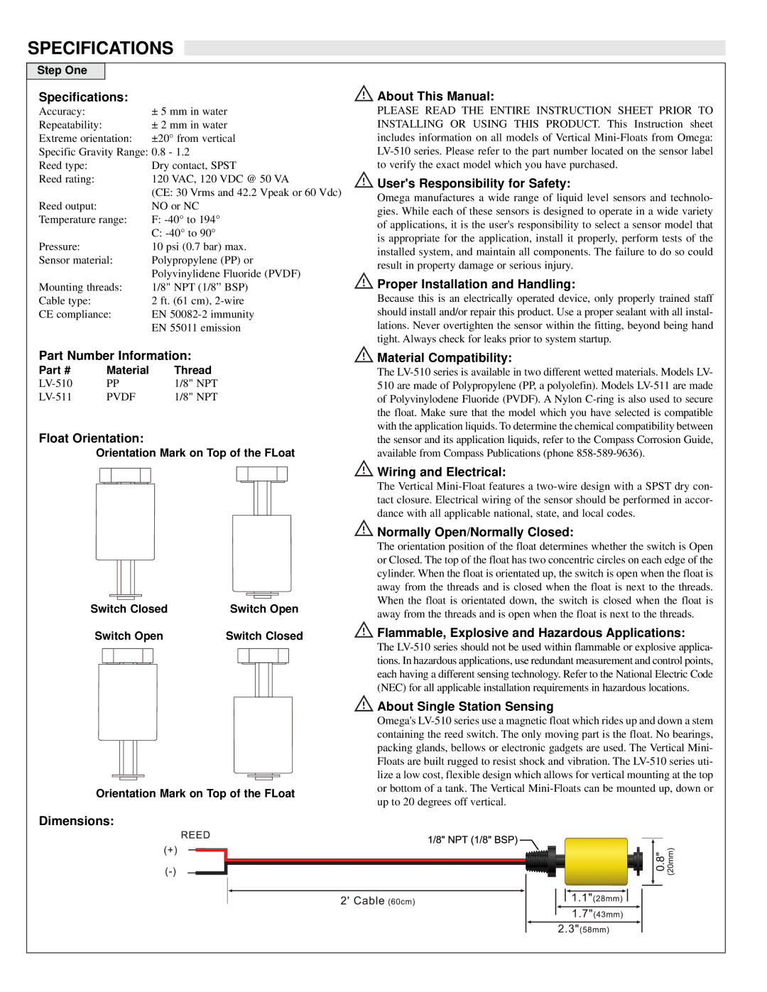 Omega Vehicle Security LV-510 Specifications, Part Number Information, Float Orientation, About This Manual, Dimensions 