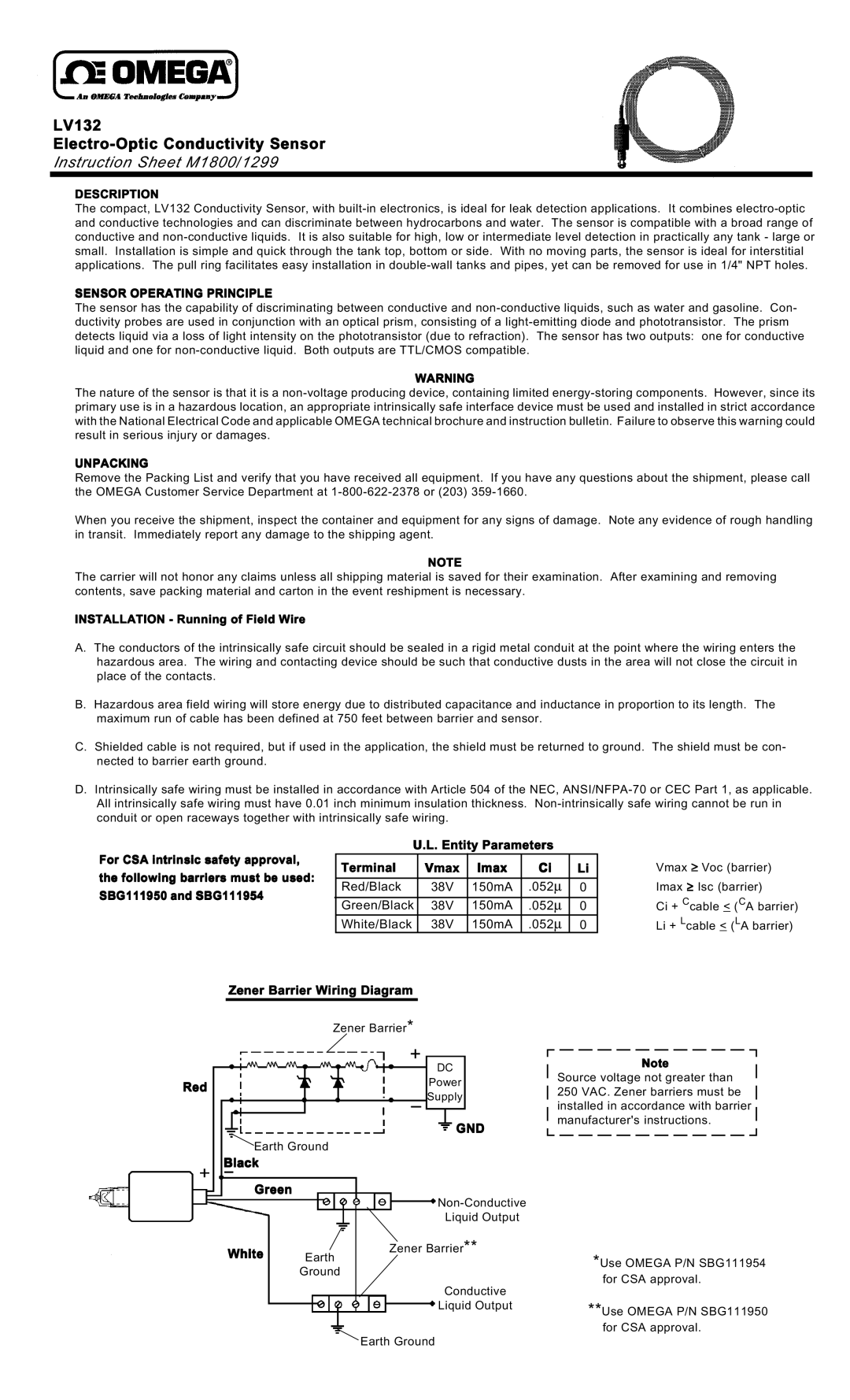 Omega Vehicle Security LV132 instruction sheet Entity Parameters, Terminal Vmax Imax, Zener Barrier Wiring Diagram, Red 