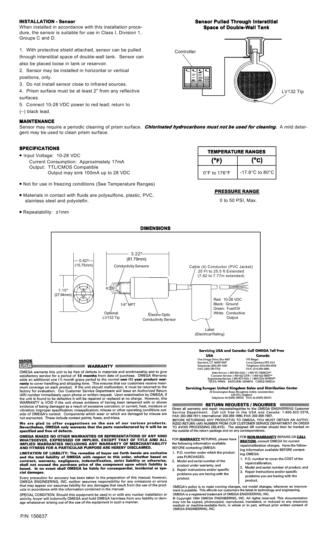 Omega Vehicle Security LV132 Installation Sensor, Maintenance, Specifications Temperature Ranges, Pressure Range 