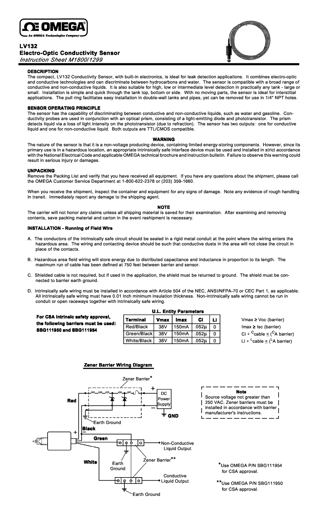 Omega Vehicle Security instruction sheet LV132 Electro-Optic Conductivity Sensor, Instruction Sheet M1800/1299, Vmax 