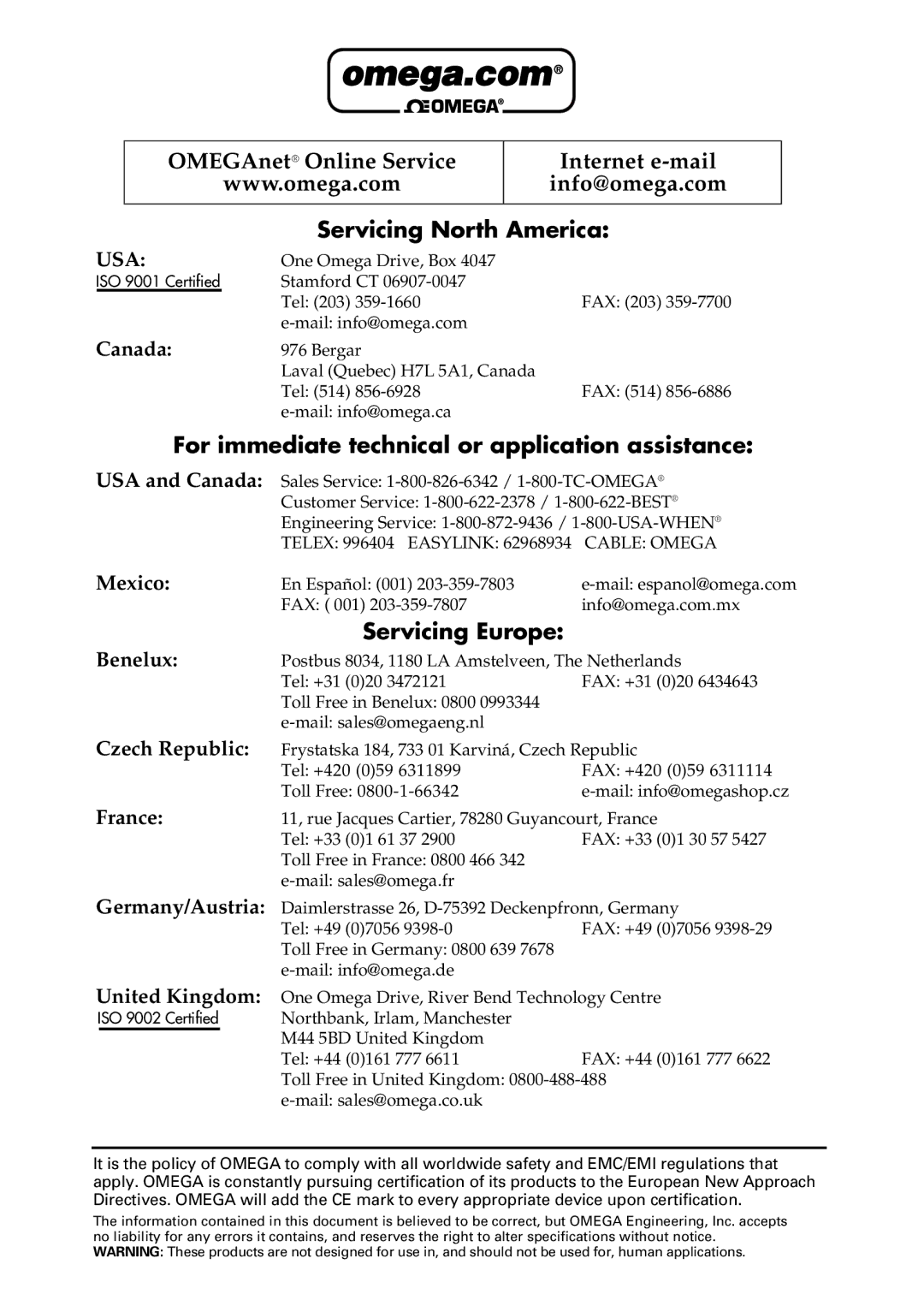 Omega Vehicle Security LV850 Servicing North America, For immediate technical or application assistance, Servicing Europe 