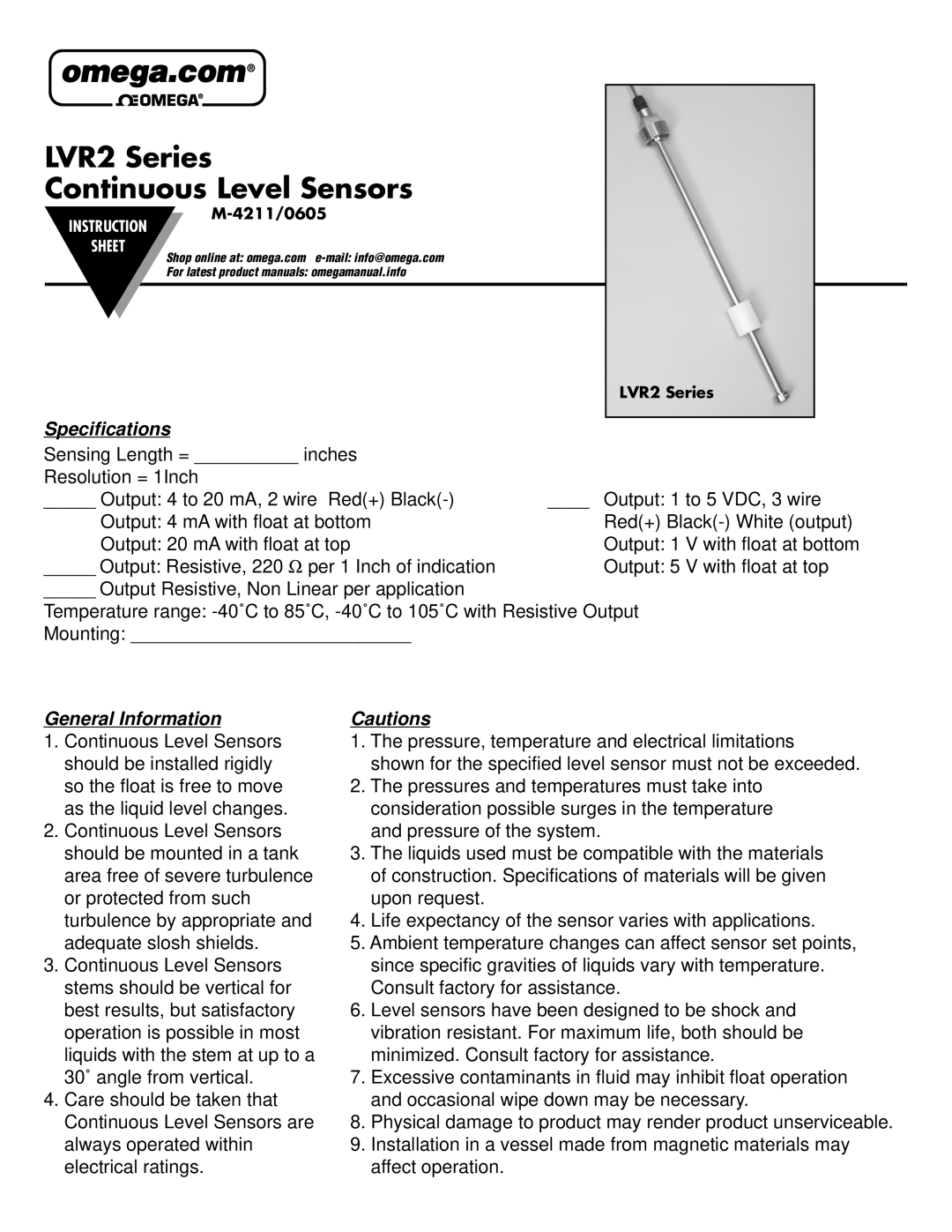 Omega Vehicle Security LVR2 Series instruction sheet Specifications, General Information, 4211/0605 