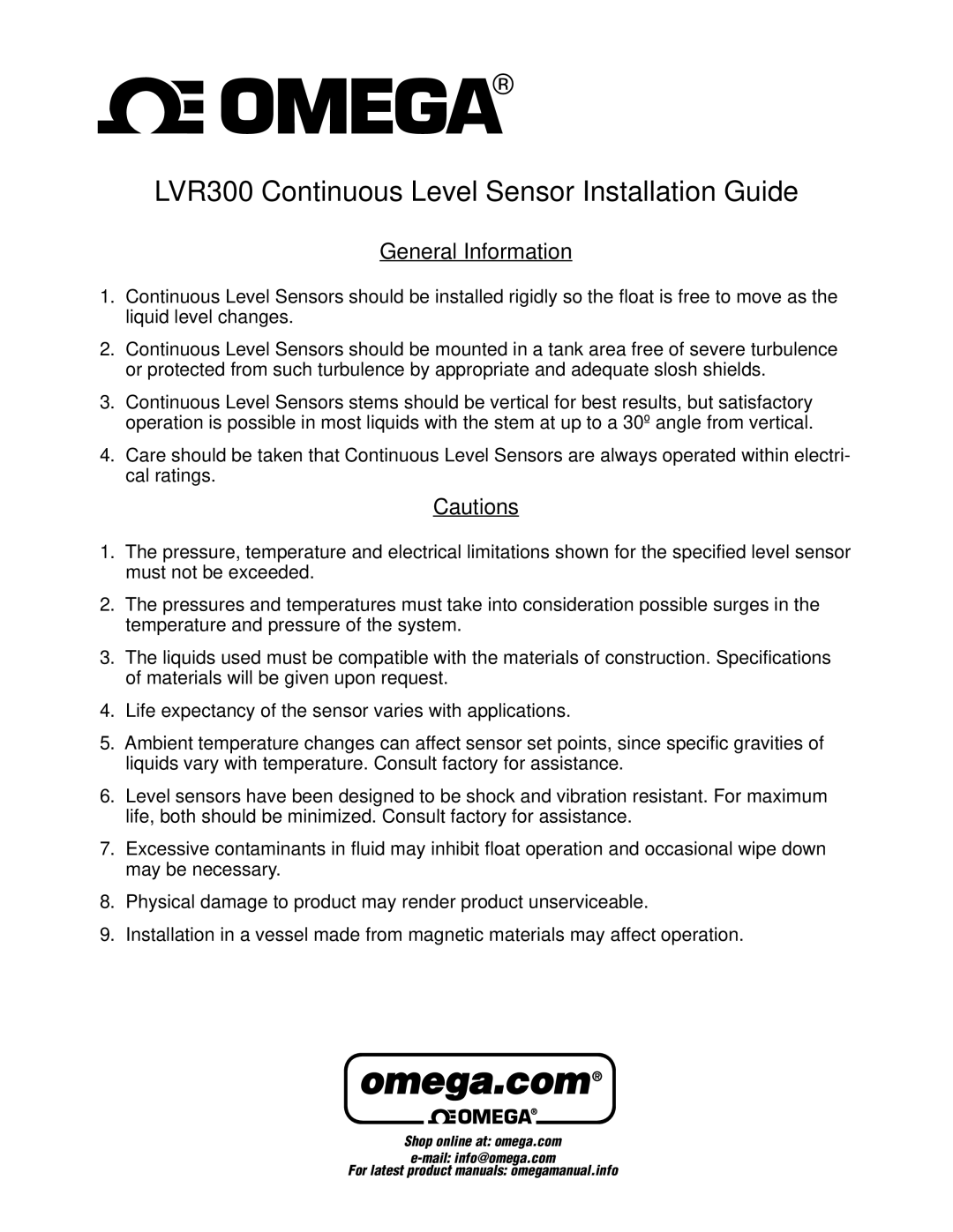 Omega Vehicle Security manual LVR300 Continuous Level Sensor Installation Guide 