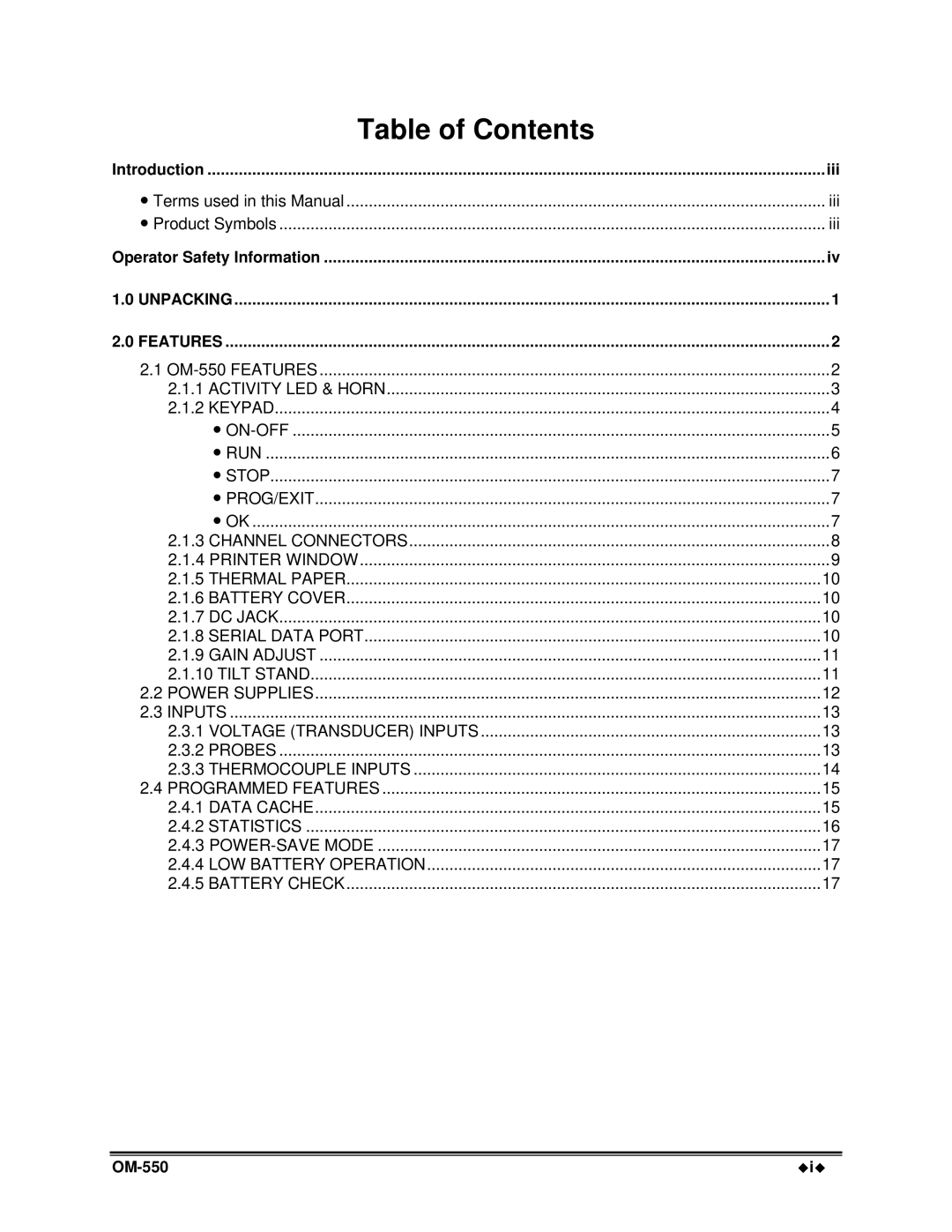 Omega Vehicle Security OM-550 manual Table of Contents 