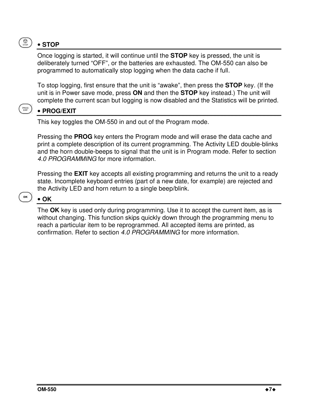 Omega Vehicle Security OM-550 manual ∙ Stop, ∙ Prog/Exit, ∙ Ok 