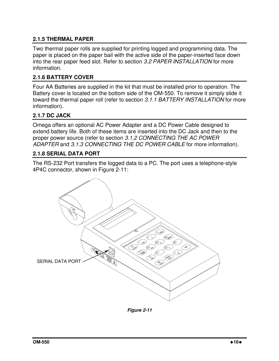 Omega Vehicle Security OM-550 manual Thermal Paper, Battery Cover, DC Jack, Serial Data Port 