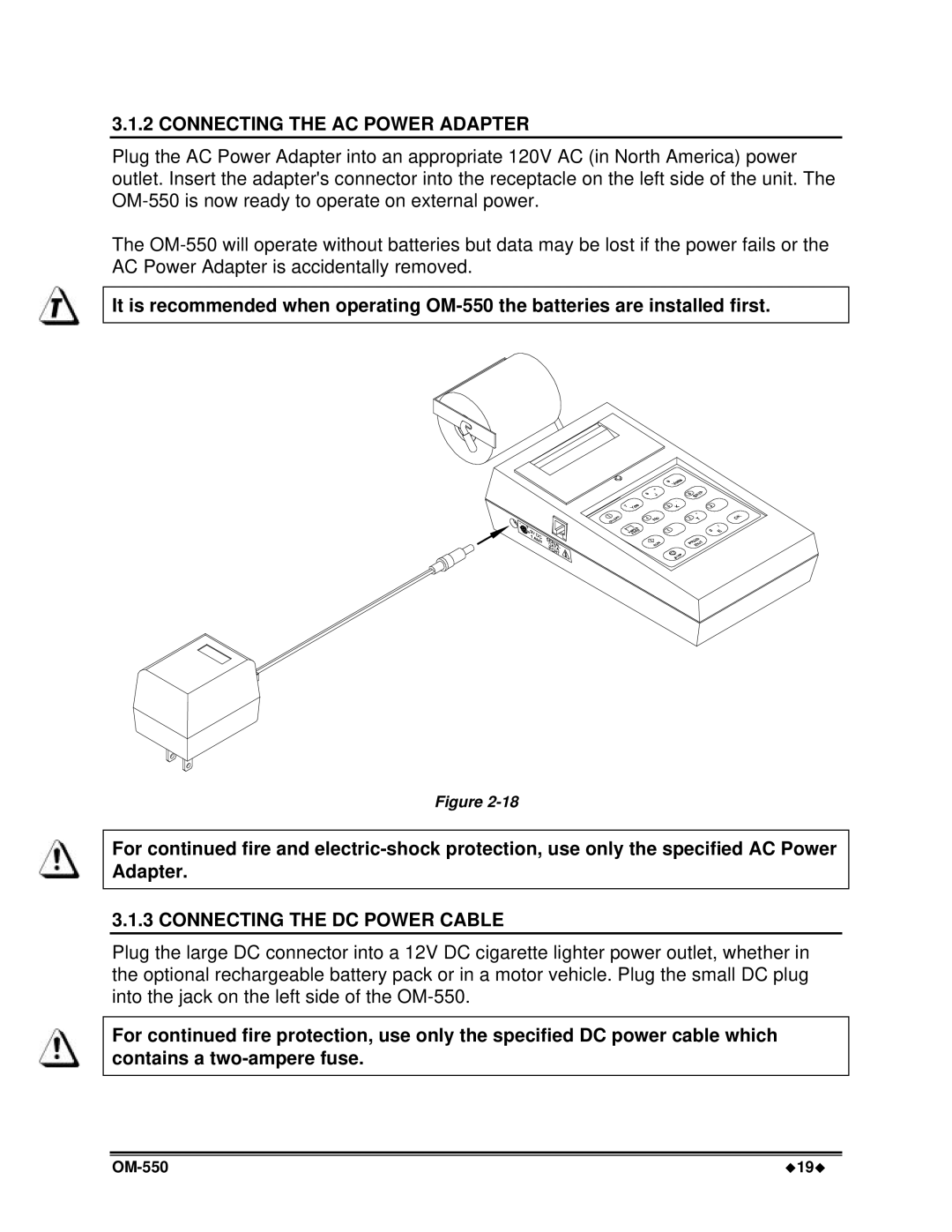 Omega Vehicle Security OM-550 manual Connecting the AC Power Adapter, Connecting the DC Power Cable 