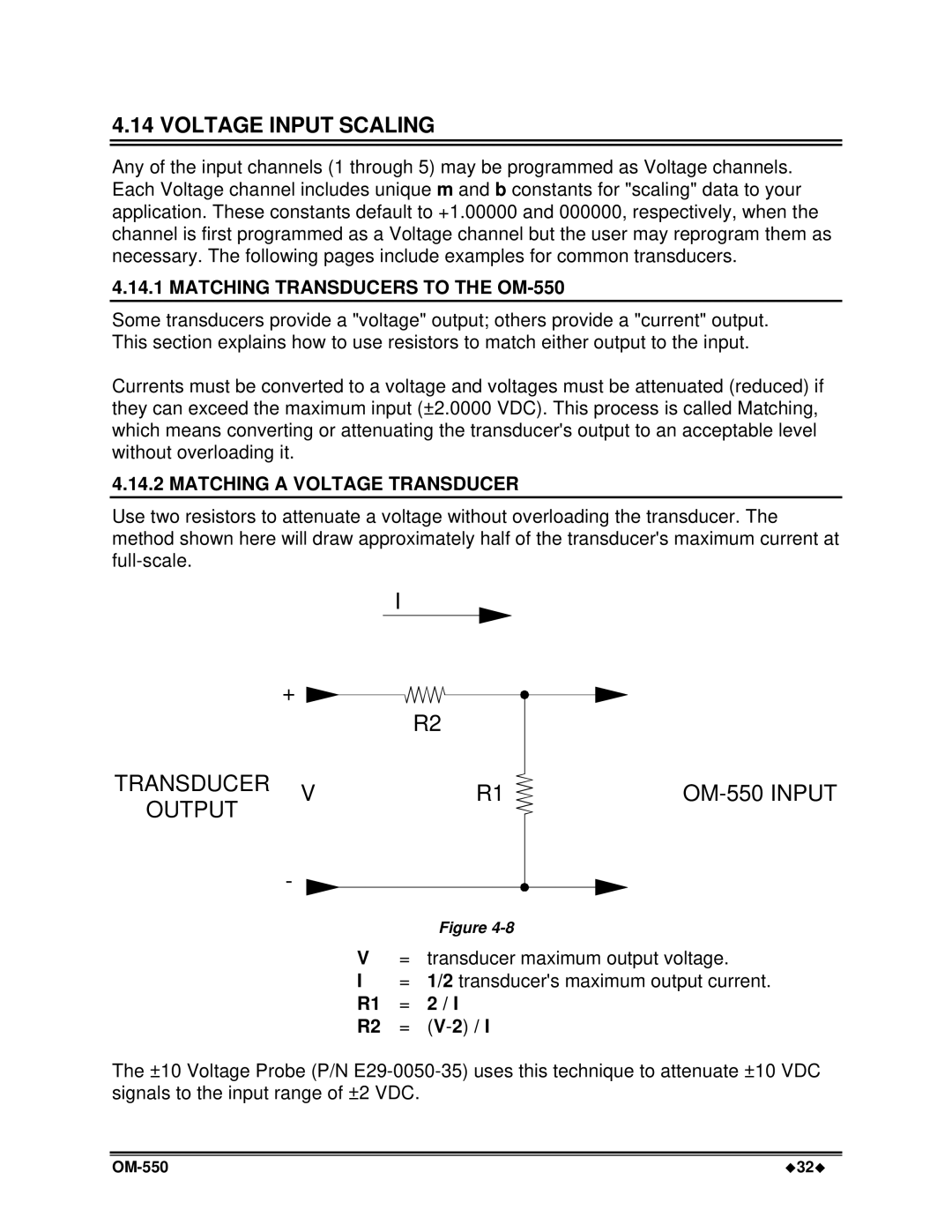 Omega Vehicle Security manual Voltage Input Scaling, Matching Transducers to the OM-550, Matching a Voltage Transducer 