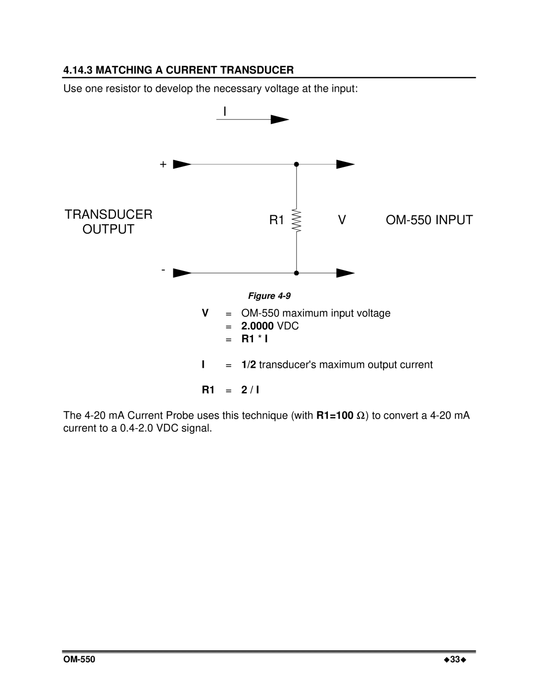 Omega Vehicle Security OM-550 manual Matching a Current Transducer, = 2.0000 VDC = R1, R1 = 2 