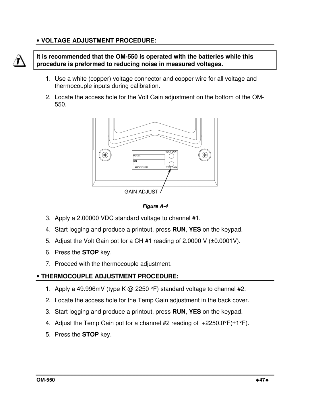 Omega Vehicle Security OM-550 manual ∙ Voltage Adjustment Procedure, ∙ Thermocouple Adjustment Procedure 