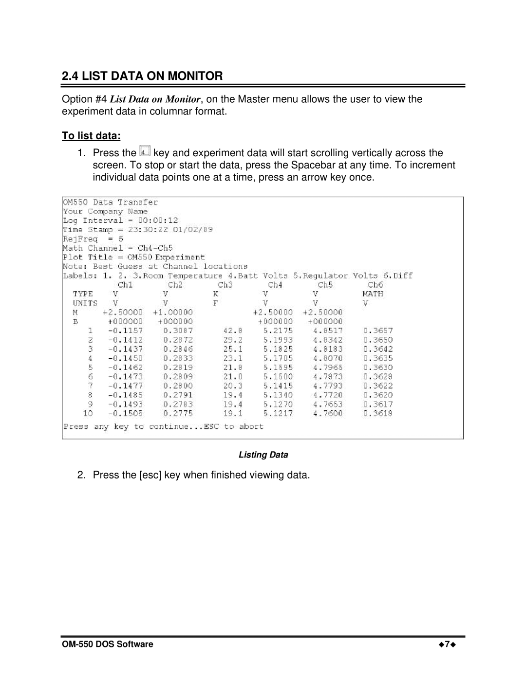 Omega Vehicle Security OM-550 manual List Data on Monitor, To list data 