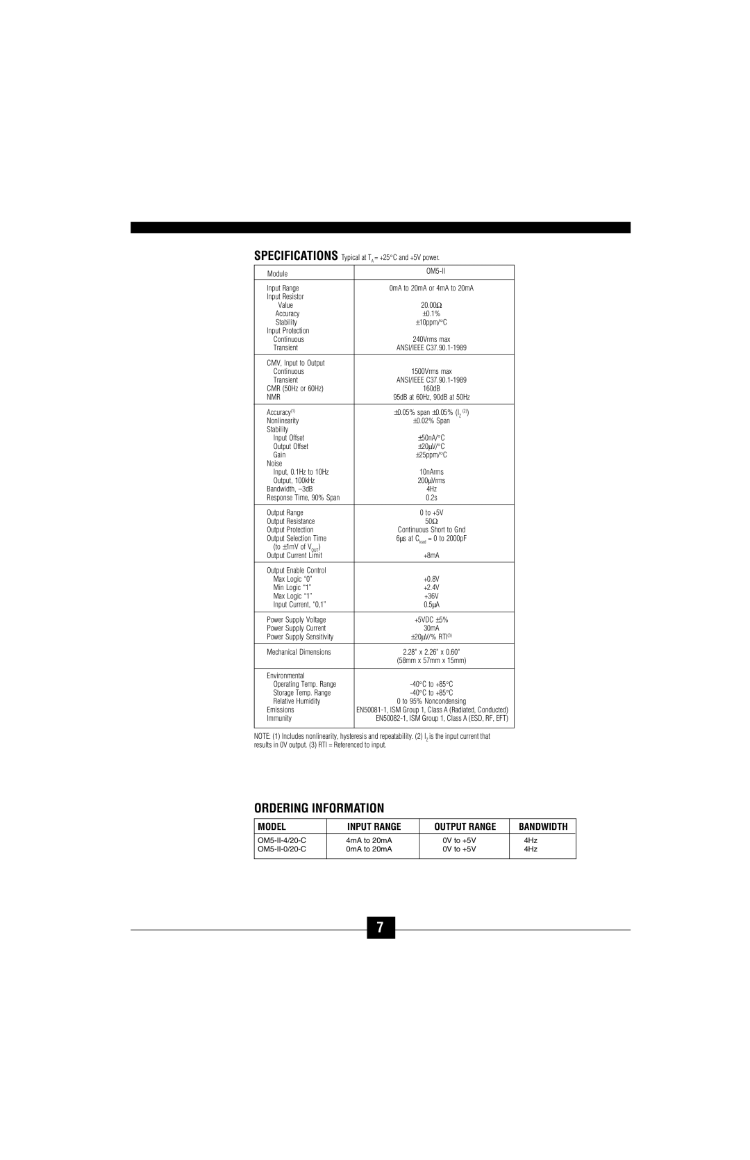 Omega Vehicle Security OM5-C manual Model Input Range Output Range Bandwidth, OM5-II 