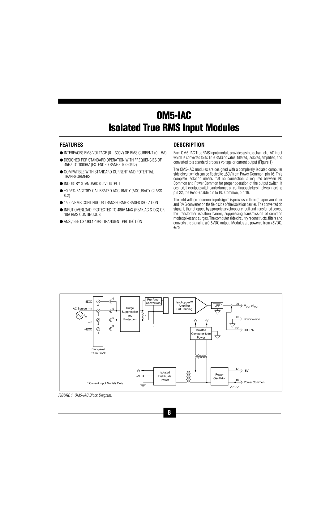 Omega Vehicle Security OM5-C OM5-IAC, Isolated True RMS Input Modules, Interfaces RMS Voltage 0 300V or RMS Current 0 5A 