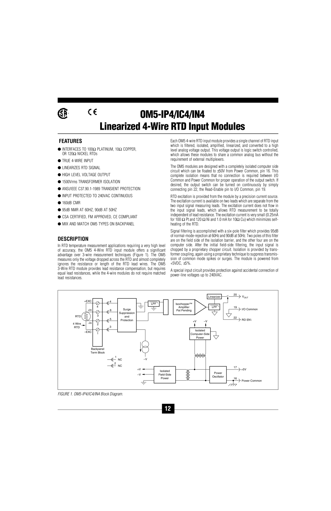 Omega Vehicle Security OM5-C manual OM5-IP4/IC4/IN4 Linearized 4-Wire RTD Input Modules, OM5-IP4/IC4/IN4 Block Diagram 