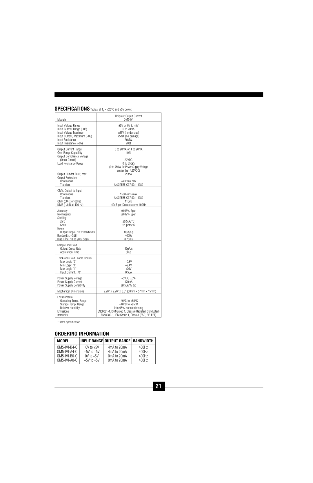 Omega Vehicle Security OM5-C manual Input Range Output Range Bandwidth 