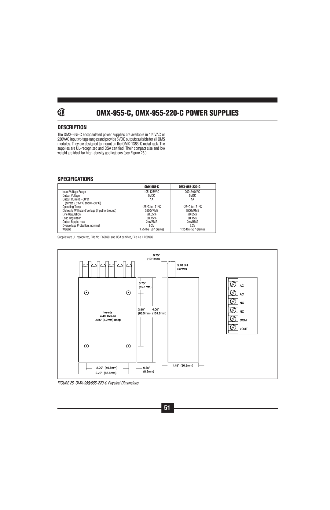 Omega Vehicle Security OM5-C manual OMX-955-C, OMX-955-220-CPOWER SUPPLIES, Description, Specifications 