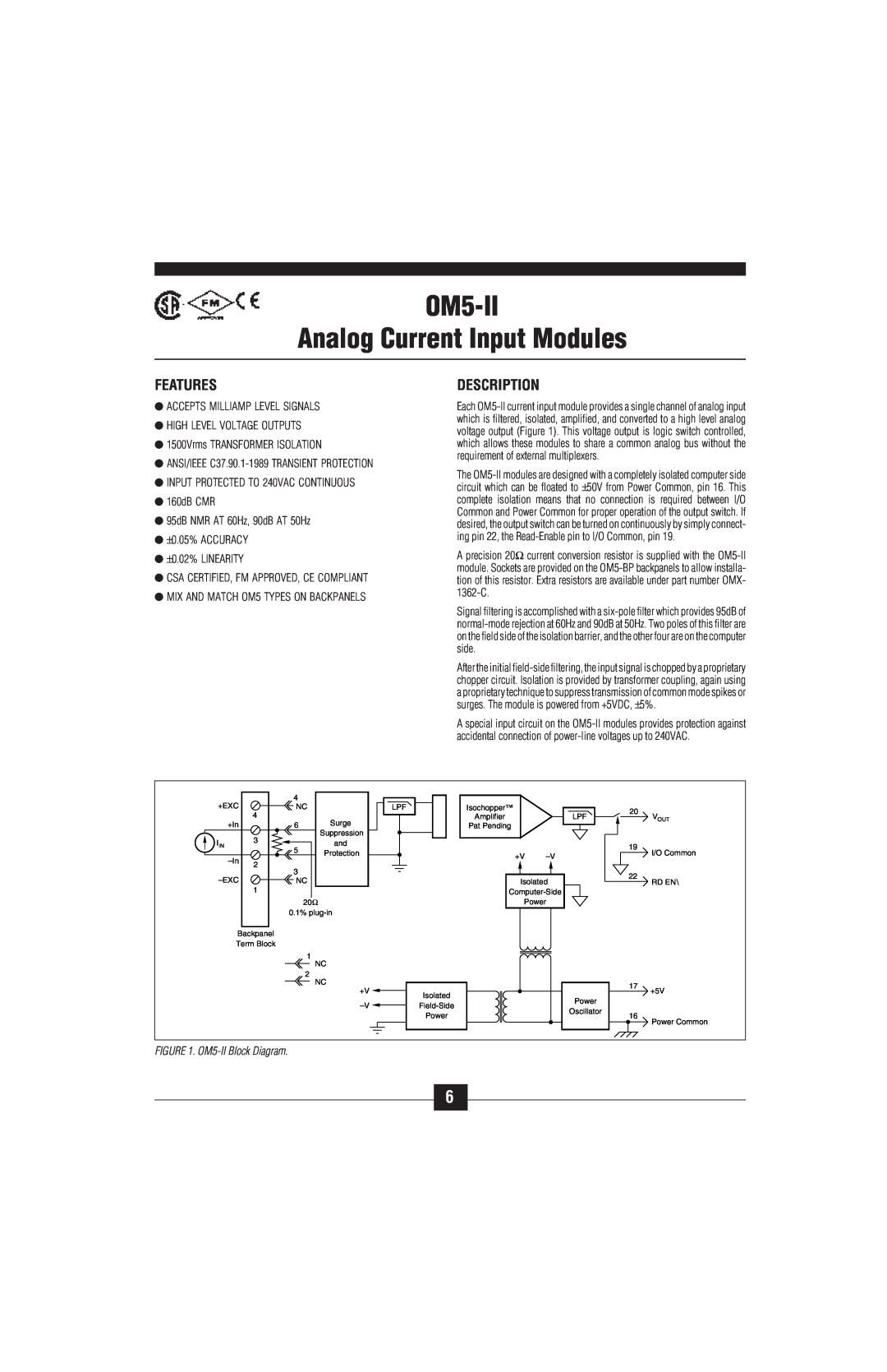 Omega Vehicle Security OM5-C manual OM5-II Analog Current Input Modules, Features, Description, OM5-IIBlock Diagram 