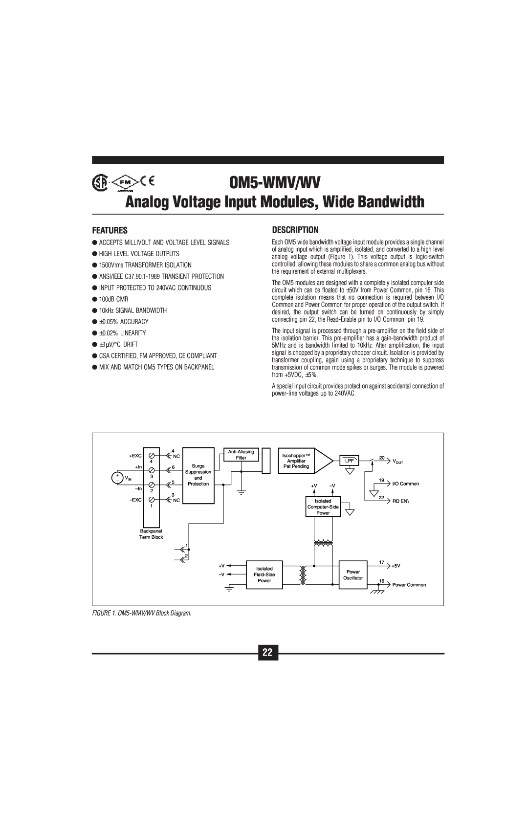 Omega Vehicle Security OM5-C manual OM5-WMV/WV, Analog Voltage Input Modules, Wide Bandwidth, Features, Description 